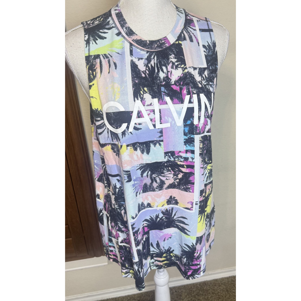 Calvin Klein Tropical Floral Performance Tank Top Logo beach sz L palm trees